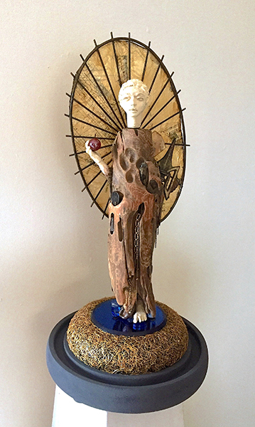 CITIZEN  Vesna Breznikar  23&quot;H x 10&quot;D  driftwood, parchment, bronze wire, molded clay, found objects