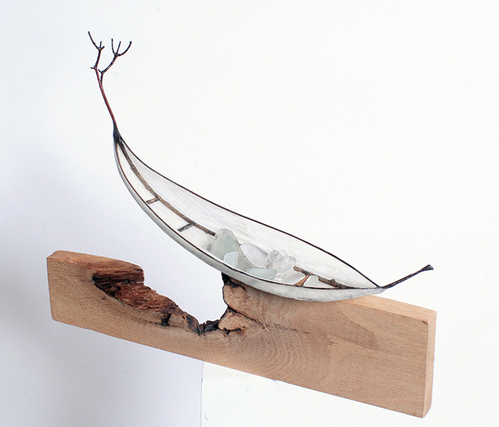 GROUNDLESS IV 2020 Vesna Breznikar     18W x 4H x 11D. Willow, parchment, bronze wire, shellac and glass shards