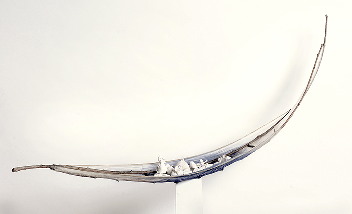 GROUNDLESS I 2019 Vesna Breznikar  40Wx 5Hx2D-Willow, parchment, bronze wire, shellac, plaster over found objects